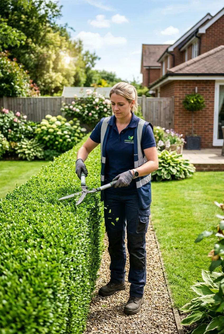 Landscaper trimming a hedge