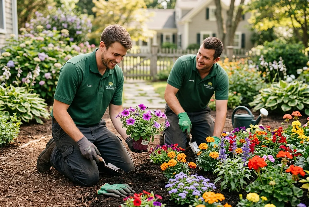 Landscaper planting seasonal flowers